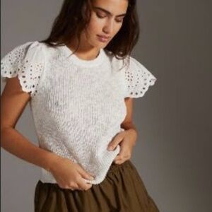 Anthropologie Knit Eyelet Flutter Sleeve Knit Crochet Top - White